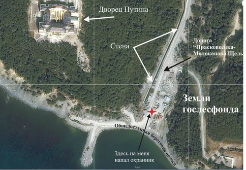 Газарян иллюстрирует на карте, что инцидент с охранником произошел не на территории "Дворца Путина". Источник: блог Сурена Газаряна http://gazaryan-suren.livejournal.com/