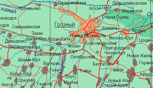 Селениу Алхан-Юрт Урус-Мартановского района Чечни на карте. Карта с сайта http://chechnya.genstab.ru