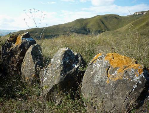 Ряд камней на территории киммерийского некрополя в окрестностях села Заюково в Кабардино-Балкарии, октябрь 2011 г. Фото предоставлено Виктором Котляровым