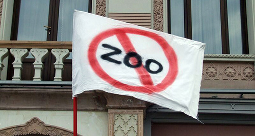 флаг с надписью перечеркнутой "Зоопарк". Фото Эдиты Бадасян для "Кавказского узла"