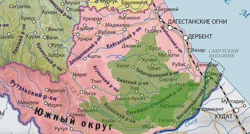 Территория Курахского, Магарамкентского, Сулейман-Стальского (центр КТО), Табасаранского и Хивского районов Дагестана. Карта "Кавказского узла"