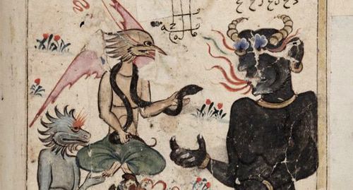 Изображение джиннов из арабского манускрипта 14 века. Фрагмент из Oxford Digital Library - https://commons.wikimedia.org/wiki/File:Kitab_al-Bulhan_---_devils_talking.jpg