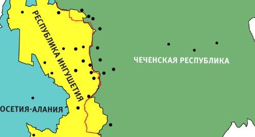 Карта с обозначением границы между Чечней и Ингушетией в соответствии с соглашением об обмене территориями. Карта с обозначением границы между Чечней и Ингушетией в соответствии с соглашением об обмене территориями.