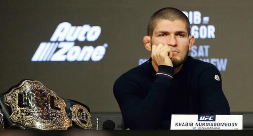Хабиб Нурмагомедов во время пресс-конференции для UFC 229 в Radio City Music Hall. Фото REUTERS Хабиб Нурмагомедов во время пресс-конференции для UFC 229 в Radio City Music Hall. Фото REUTERS