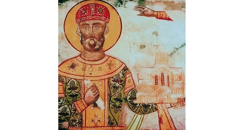 Св. царь Давид IV Строитель. Фрагмент росписи сев. стены собора Рождества Пресв. Богородицы. 2-я пол. XVI в. Св. царь Давид IV Строитель. Фрагмент росписи сев. стены собора Рождества Пресв. Богородицы. 2-я пол. XVI в.