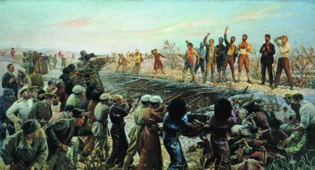 "Расстрел 26 бакинских комиссаров", 1925 год.
Худ. И. И. Бродский.
На картине изображено, как М. Азизбеков (третий справа) подставляет под пули свою обнажённую грудь. "Расстрел 26 бакинских комиссаров", 1925 год.
Худ. И. И. Бродский.
На картине изображено, как М. Азизбеков (третий справа) подставляет под пули свою обнажённую грудь.