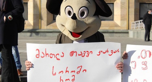 Участники митинга в Тбилиси. На плакате: "Я - не мышь, чтобы меня заперли в норке". Фото Инны Кукуджановой для "Кавказского узла" Участники митинга в Тбилиси. На плакате: "Я - не мышь, чтобы меня заперли в норке". Фото Инны Кукуджановой для "Кавказского узла"