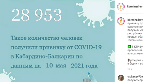 Статистика привитых в Кабардино-Балкарии. Скриншот сообщения на странице Минздрава Кабардино-Балкарии в Instagram. https://www.instagram.com/p/COr3_wDNQCn/ Статистика привитых в Кабардино-Балкарии. Скриншот сообщения на странице Минздрава Кабардино-Балкарии в Instagram. https://www.instagram.com/p/COr3_wDNQCn/