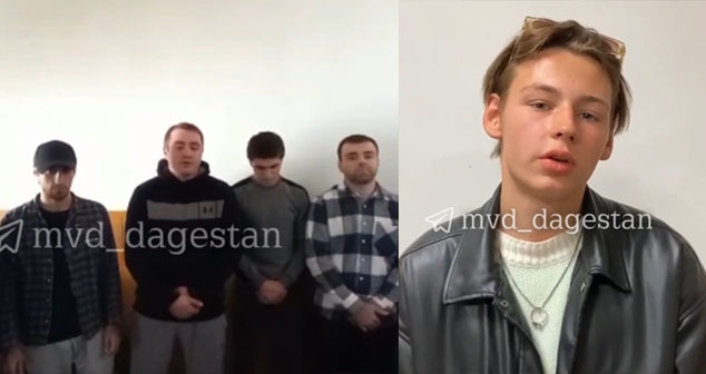 Кадры видео с извинениями бригадира съемочной группы (справа) и актеров массовки за шуточное видеообращение от имени вооруженных членов сельского джамаата. Коллаж "Кавказского узла" Скриншот видео https://t.me/mvd_dagestan/2211 https://t.me/mvd_dagestan/2212 Кадры видео с извинениями бригадира съемочной группы (справа) и актеров массовки за шуточное видеообращение от имени вооруженных членов сельского джамаата. Коллаж "Кавказского узла" Скриншот видео https://t.me/mvd_dagestan/2211 https://t.me/mvd_dagestan/2212