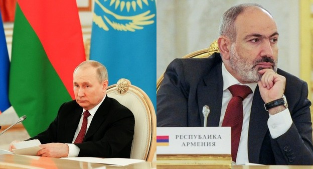 Владимир Путин и Никол Пашинян на встрече лидеров государств - членов ОДКБ в мае 2022 года. Коллаж "Кавказского узла". Фото: пресс-служба ОДКБ / odkb-csto.org Владимир Путин и Никол Пашинян на встрече лидеров государств - членов ОДКБ в мае 2022 года. Коллаж "Кавказского узла". Фото: пресс-служба ОДКБ / odkb-csto.org