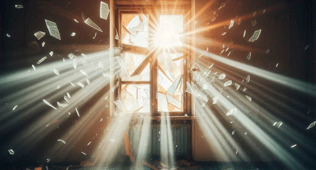 Разбитые стекла разлетаются из окна. Фото: иллюстрация создана с помощью программы Copilot Разбитые стекла разлетаются из окна. Фото: иллюстрация создана с помощью программы Copilot