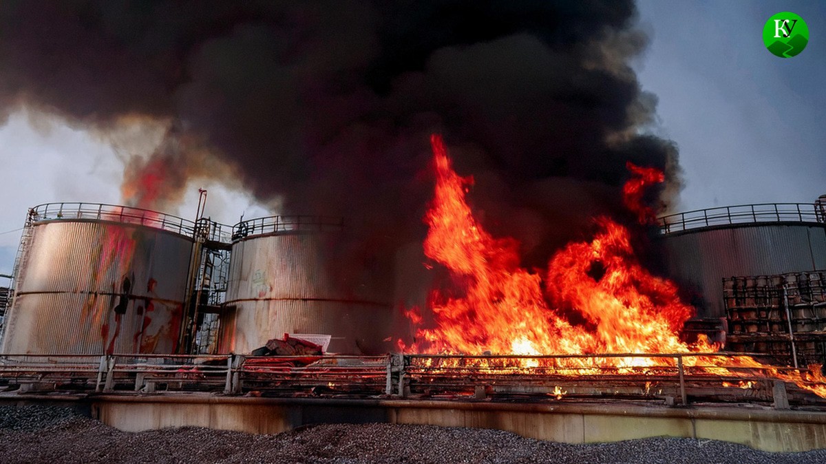 Пожар на нефтебазе. Иллюстрация создана "Кавказским узлом" с помощью ИИ в программе Photoshop Пожар на нефтебазе. Иллюстрация создана "Кавказским узлом" с помощью ИИ в программе Photoshop