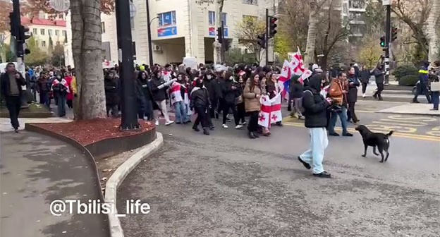 Акция протеста в Тбилиси. 2 ноября 2024 г. Скриншот видео Телеграм-канал Tbilisi Life Акция протеста в Тбилиси. 2 ноября 2024 г. Скриншот видео Телеграм-канал Tbilisi Life