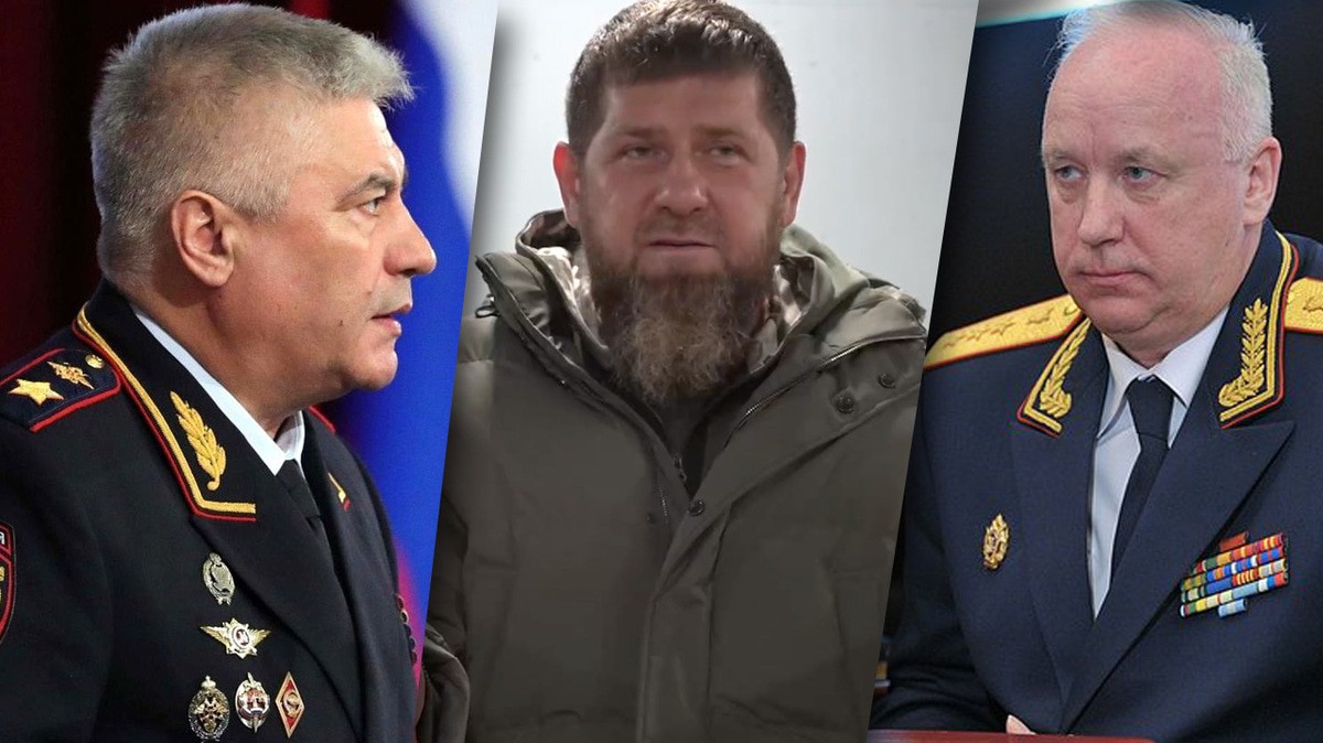 Владимир Колокольцев, Рамзан Кадвыров и Александр Бастрыкин. Коллаж "Кавказского узла". Фото: http://kremlin.ru Скриншот из видео: https://t.me/RKadyrov_95 Владимир Колокольцев, Рамзан Кадвыров и Александр Бастрыкин. Коллаж "Кавказского узла". Фото: http://kremlin.ru Скриншот из видео: https://t.me/RKadyrov_95