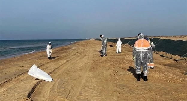 Уборка мазута с пляжа в Анапе. Фото: пресс-служба администрации Краснодарского края Уборка мазута с пляжа в Анапе. Фото: пресс-служба администрации Краснодарского края