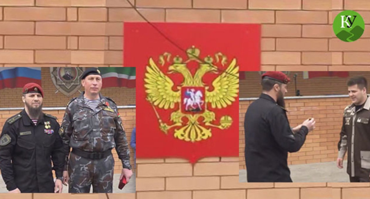 Награждение Адама Кадырова, герб России без крестов. Коллаж "Кавказского узла". 12 мая 2025 г. Скриншот видео https://lenta.ru/news/2025/05/13/na-nagrazhdenii-adama-kadyrova-zametili-gerb-rossii-bez-krestov/ https://t.me/RKadyrov_95/5727