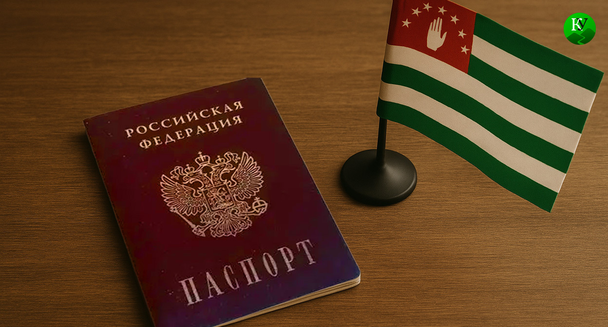 Паспорт РФ и флаг Абхазии. Иллюстрация создана «Кавказским узлом» с помощью ИИ в программе Copilot