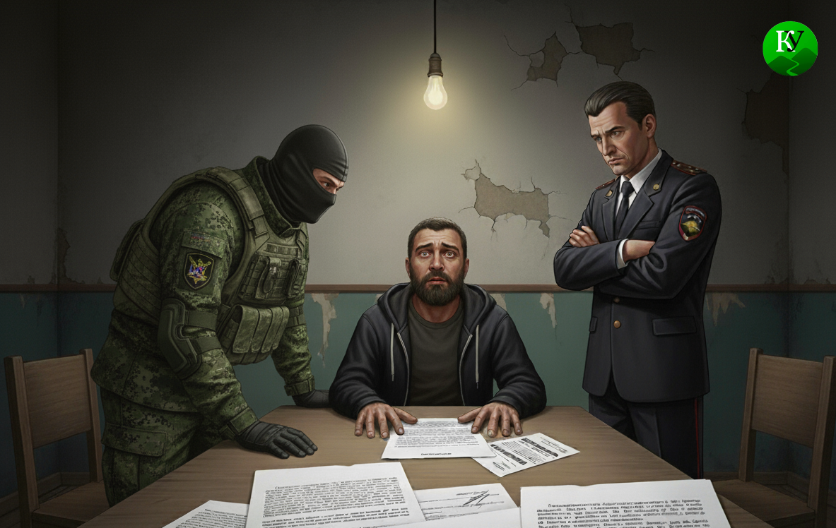 Задержанный на допросе. Иллюстрация создана "Кавказским узлом" с помощью ИИ. Задержанный на допросе. Иллюстрация создана "Кавказским узлом" с помощью ИИ.