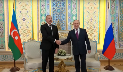 Встреча Алиева и Путина в Душанбе, 9 октября 2025 года. Кадр видеосюжета Baky TV / YouTube