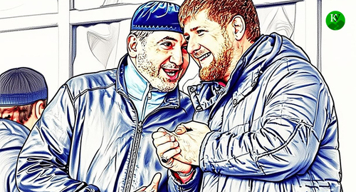 Ибрагим Белхароев (слева) и Рамзан Кадыров. Иллюстрация создана "Кавказским узлом" с помощью   ИИ в программе Copilot