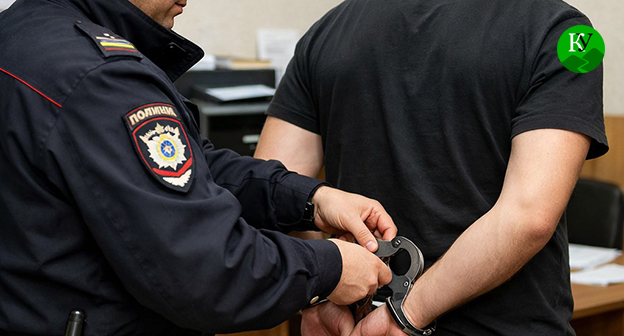 Сотрудник полиции надевает наручники на мужчину. Иллюстрация создана "Кавказским узлом" при помощи ИИ в программе Copilot