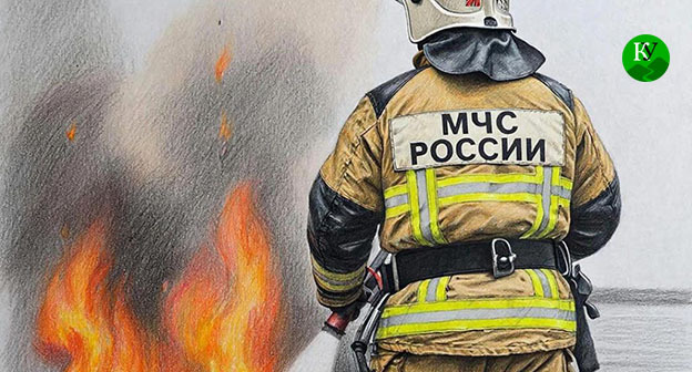 Сотрудник МЧС тушит пожар. Иллюстрация создана "Кавказским узлом" при помощи ИИ в программе Copilot Сотрудник МЧС тушит пожар. Иллюстрация создана "Кавказским узлом" при помощи ИИ в программе Copilot