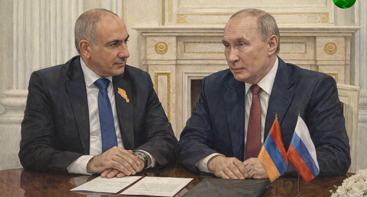 Встреча Никола Пашиняна и Владимира Путина. Иллюстрация создана "Кавказским узлом" с помощью ИИ в программе Copilot