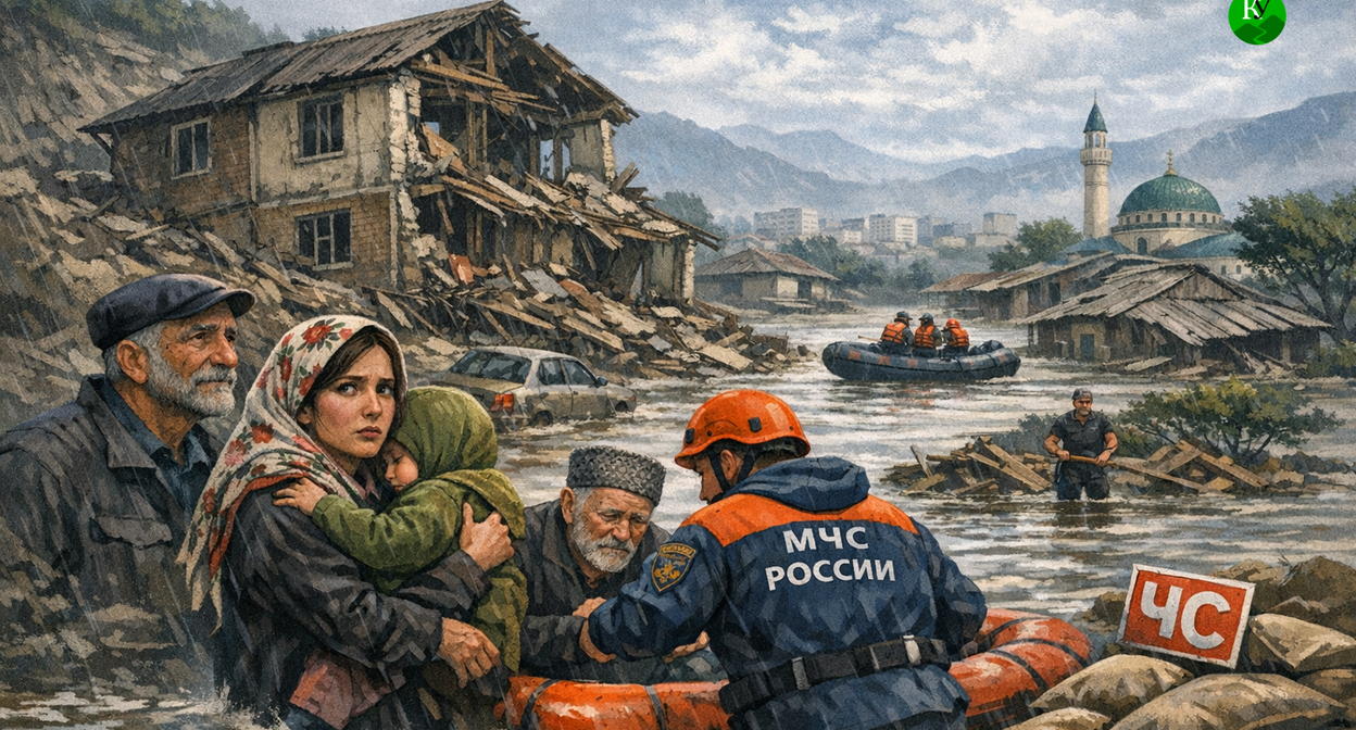 Наводнение в Дагестане. Иллюстрация создана «Кавказским узлом» с помощью ИИ в программе Copilot