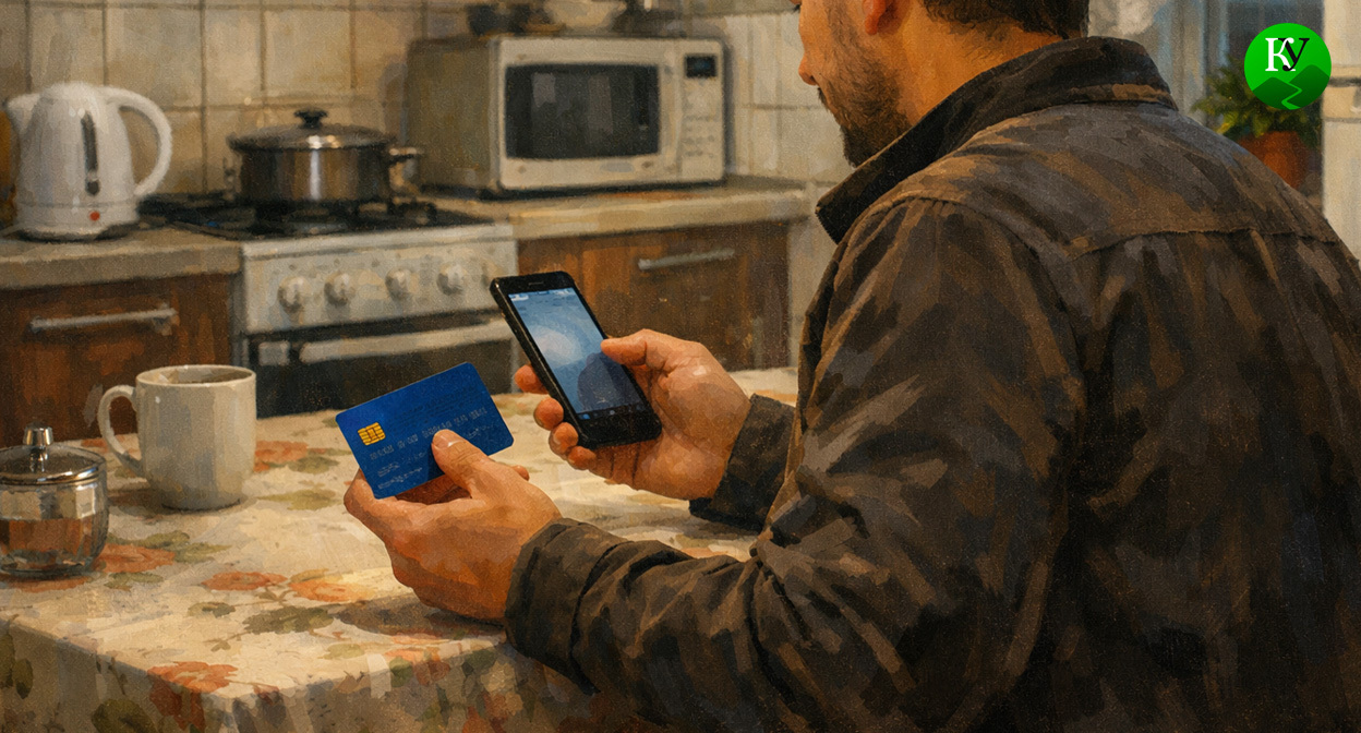 Мужчина делает финансовый перевод. Иллюстрация создана «Кавказским узлом» с помощью ИИ в программе Copilot