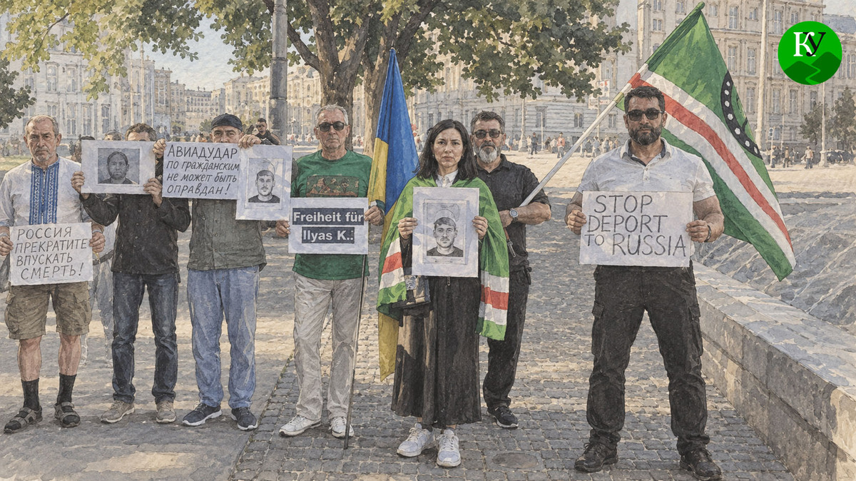 Митинг против депортации уроженцев Чечни из Германии. Иллюстрация создана "Кавказским узлом" при помощи ИИ в программе Copilot Митинг против депортации уроженцев Чечни из Германии. Иллюстрация создана "Кавказским узлом" при помощи ИИ в программе Copilot