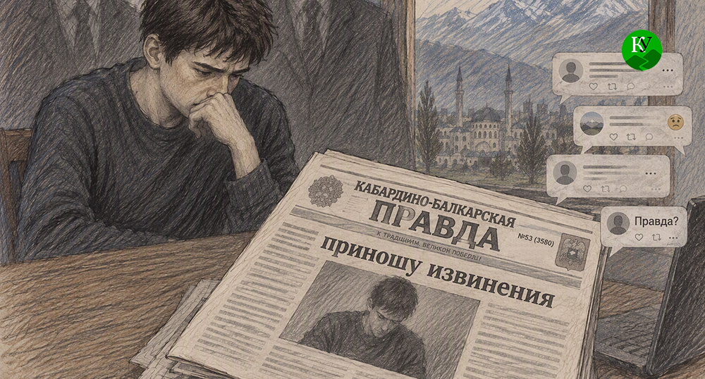 Заметка с публичными извинениями в газете. Иллюстрация создана "Кавказским узлом" при помощи ИИ в программе Copilot