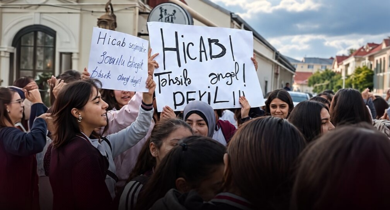 Акция протеста против запрета на ношение хиджабов. Кадр видеозаписи, сделанной около школы № 69 в посёлке Балаханы. Источник: Meydan TV https://www.meydan.tv/az/article/hicab-qadagasi-fonunda-t%c9%99hsil-i%cc%87dar%c9%99si-m%c9%99kt%c9%99bl%c9%99rd%c9%99-yoxlamalara-baslayir/ Акция протеста против запрета на ношение хиджабов. Кадр видеозаписи, сделанной около школы № 69 в посёлке Балаханы. Источник: Meydan TV https://www.meydan.tv/az/article/hicab-qadagasi-fonunda-t%c9%99hsil-i%cc%87dar%c9%99si-m%c9%99kt%c9%99bl%c9%99rd%c9%99-yoxlamalara-baslayir/