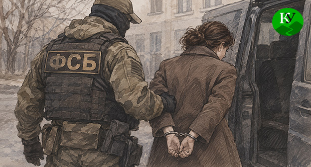 Сотрудник ФСБ задерживает женщину. Иллюстрация создана "Кавказским узлом" при помощи ИИ в программе Copilot
